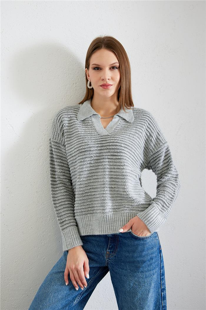 Avrile Kadın Polo Yaka Triko Kazak GRİ A92413-S