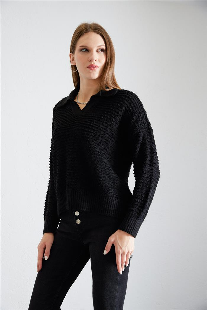 Avrile Kadın Polo Yaka Triko Kazak SİYAH A92413-S