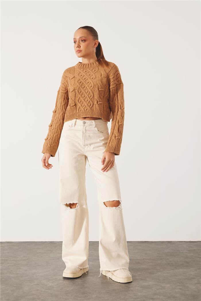 Avrile Kadın Ponponlu Triko Kazak CAMEL A92229-S