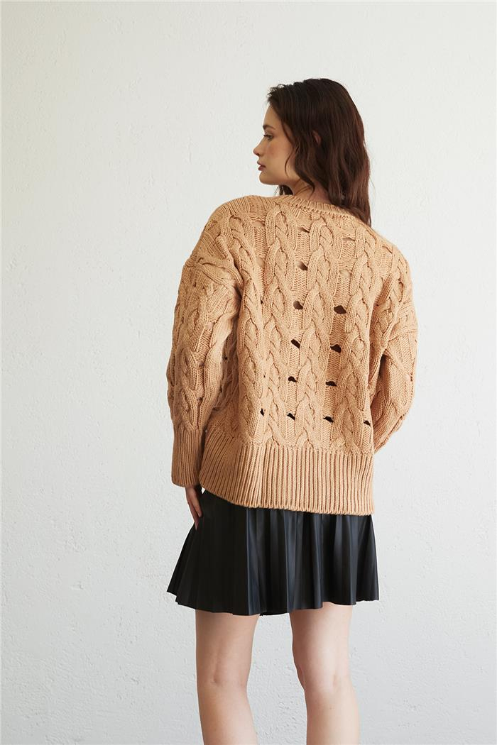 Avrile Kadın Saç Örgülü Delikli Triko Kazak CAMEL A92236-S