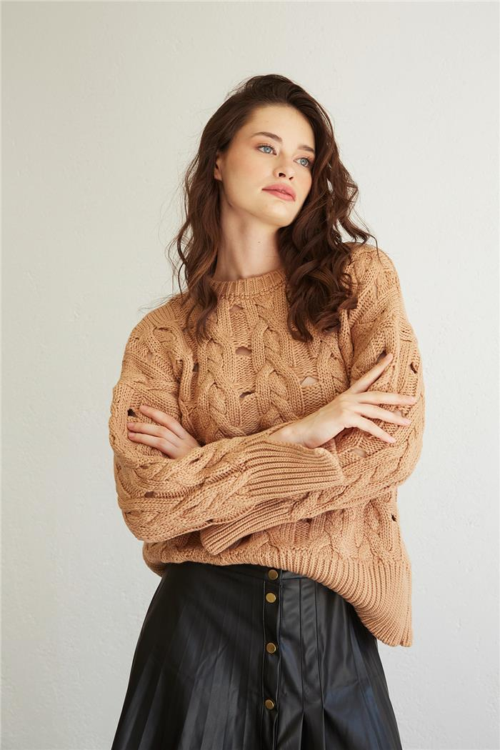 Avrile Kadın Saç Örgülü Delikli Triko Kazak CAMEL A92236-S