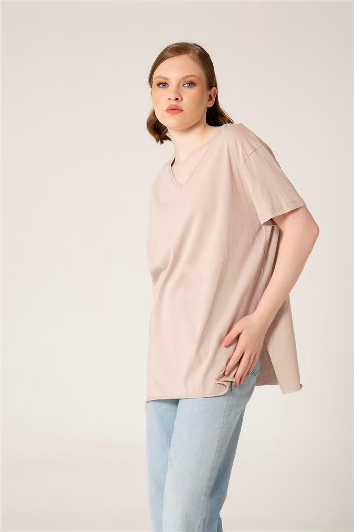 Avrile Kadın V Yaka Basic T-Shirt VİZON A23-10115