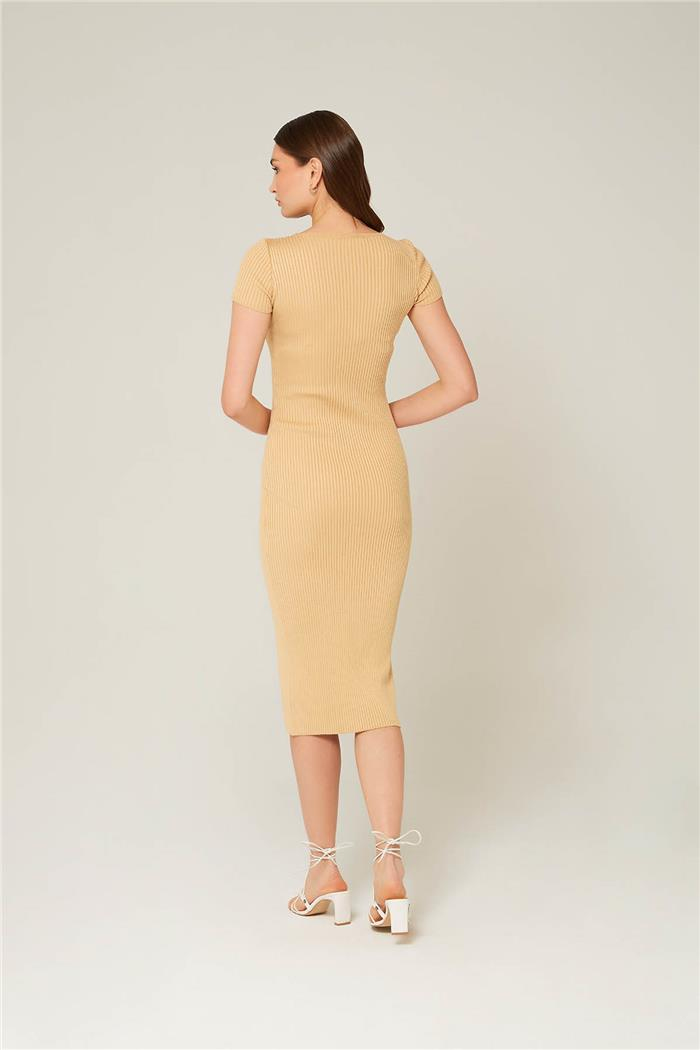 Avrile Kadın V Yaka Kısa Kollu Triko Elbise CAMEL A92287-S