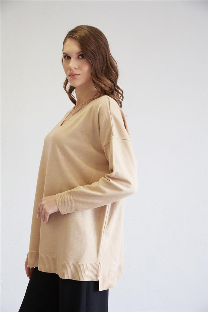 Avrile Kadın V Yaka Uzun Triko Kazak CAMEL A92428-S