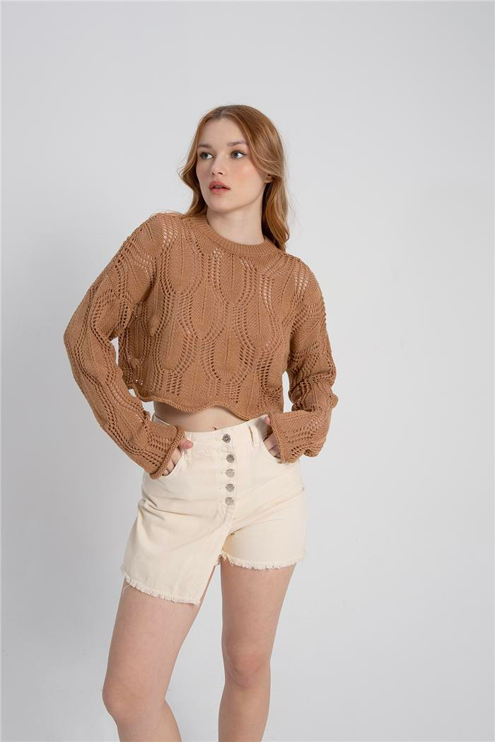 Avrile Kadın Yaprak Desenli Triko Kazak CAMEL A92244-S
