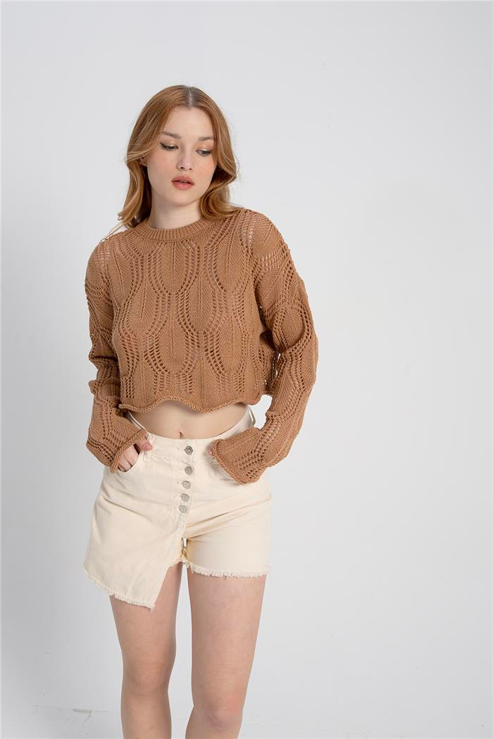 Avrile Kadın Yaprak Desenli Triko Kazak CAMEL A92244-S