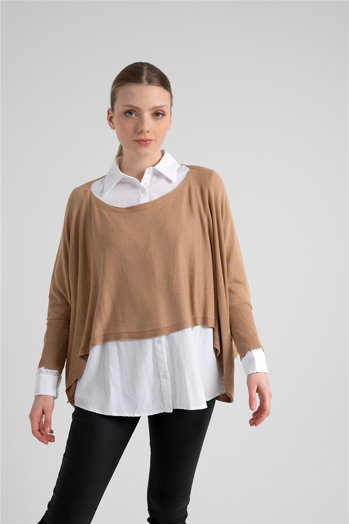Avrile Kadın Yarasa Kollu Gömlekli Triko Kazak CAMEL A92256-S