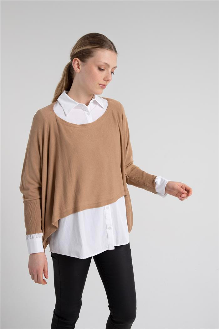 Avrile Kadın Yarasa Kollu Gömlekli Triko Kazak CAMEL A92256-S