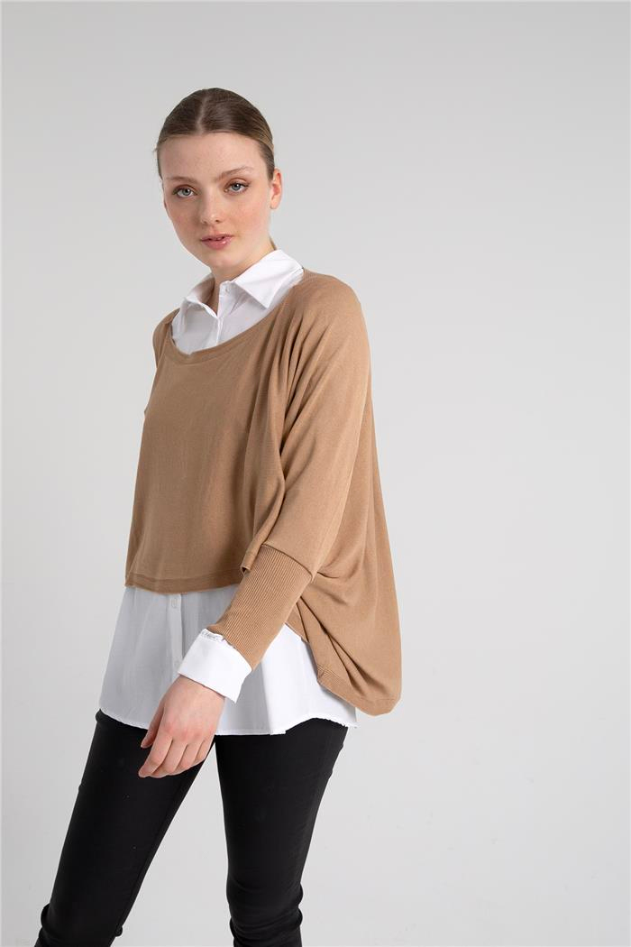 Avrile Kadın Yarasa Kollu Gömlekli Triko Kazak CAMEL A92256-S