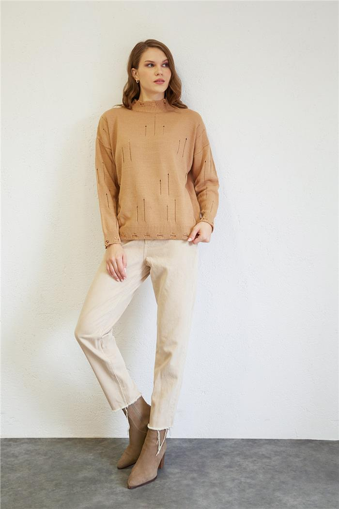 Avrile Kadın Yırtıklı Triko Kazak CAMEL A92426-S