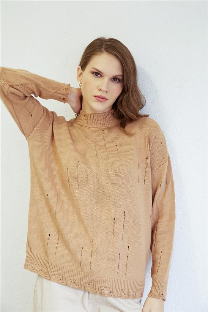 Avrile Kadın Yırtıklı Triko Kazak CAMEL A92426-S
