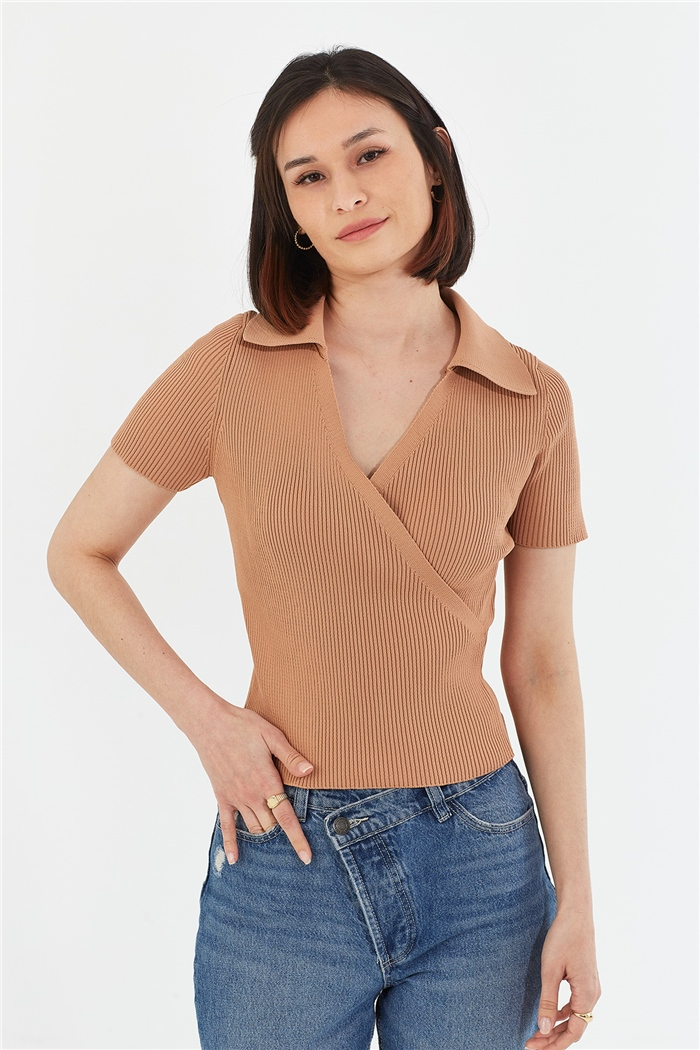 Avrile Kruvaze Polo Yaka Kazak  CAMEL  A92051-S
