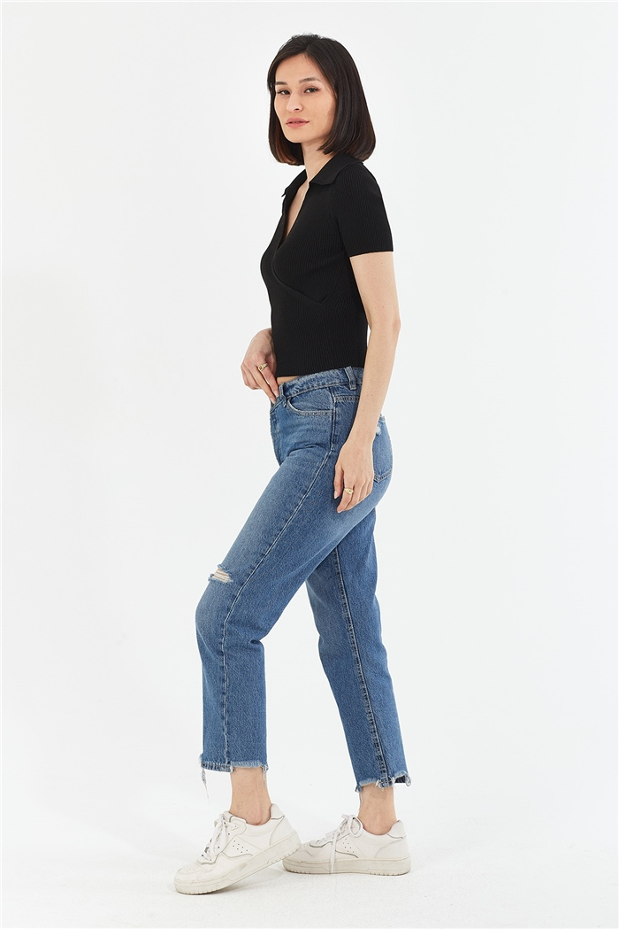 Avrile Kruvaze Polo Yaka Kazak  SİYAH  A92051-S