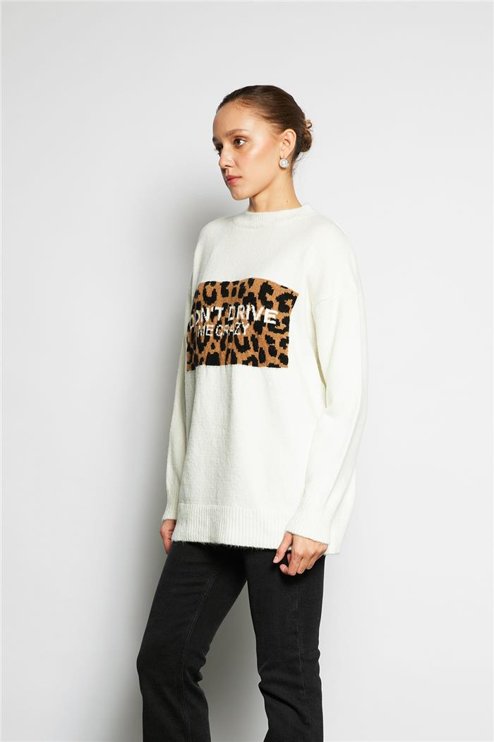 Avrile  Leopar Detaylı Kazak EKRU A92588-S