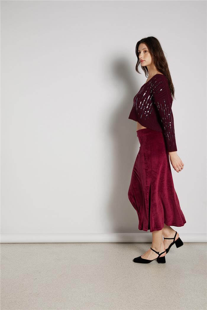 Avrile  PAYETLİ V YAKA KAZAK BORDO TT4387-Z