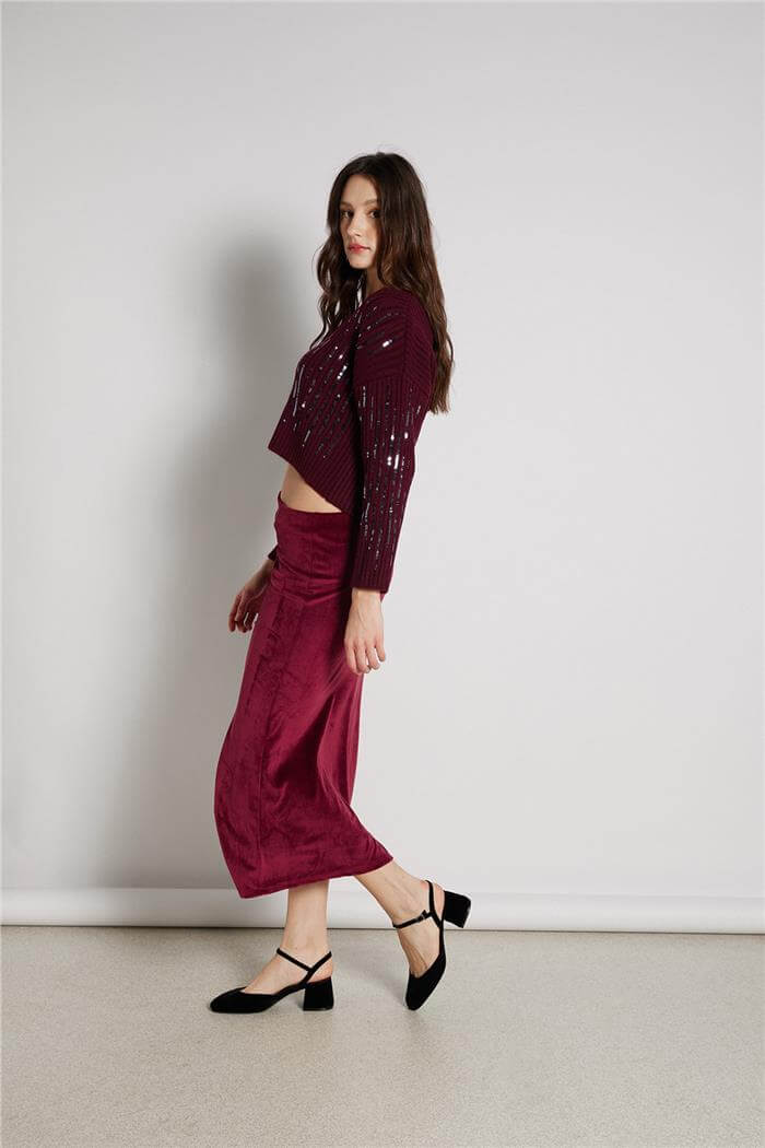 Avrile  PAYETLİ V YAKA KAZAK BORDO TT4387-Z
