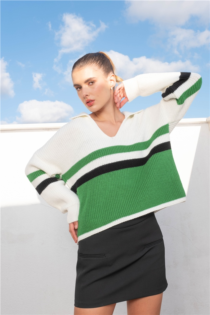 Avrile Polo Yaka Çizgi Detaylı Triko Kazak  EKRU-BENETTON  A92199-S