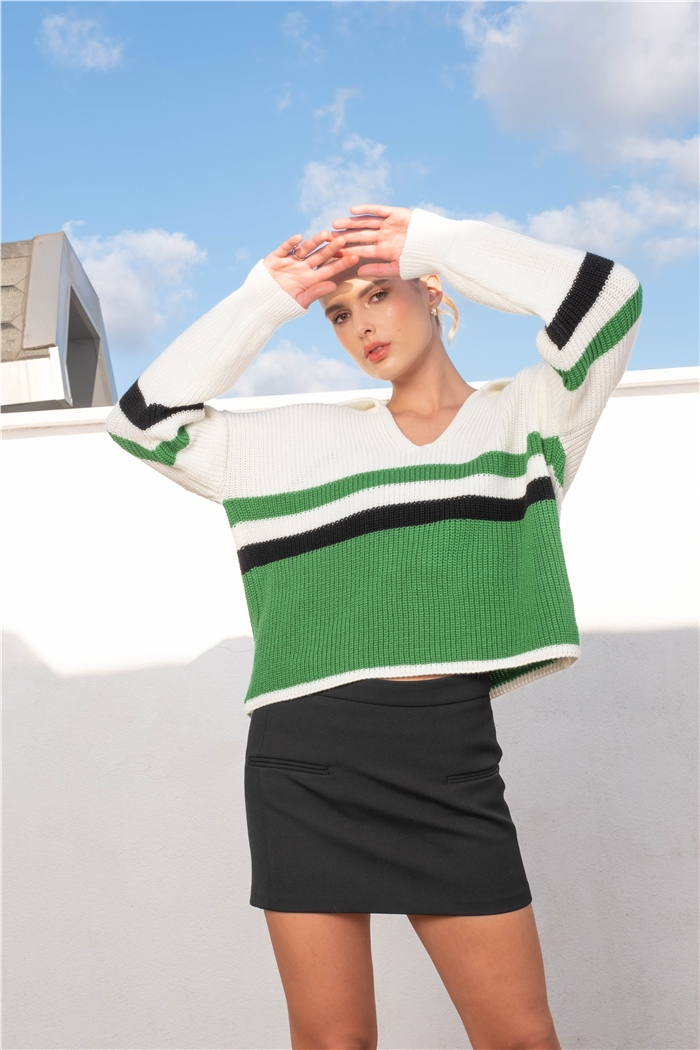 Avrile Polo Yaka Çizgi Detaylı Triko Kazak  EKRU-BENETTON  A92199-S
