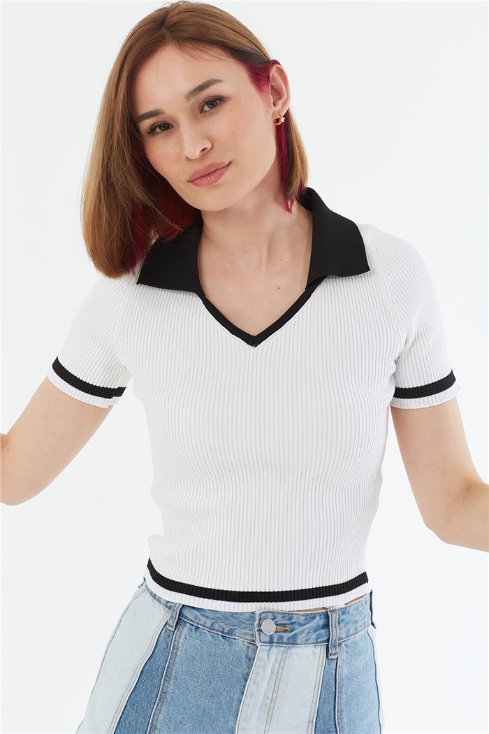 Avrile Polo Yaka Kısa Kollu Kazak  BEYAZ-SİYAH  A92055-S