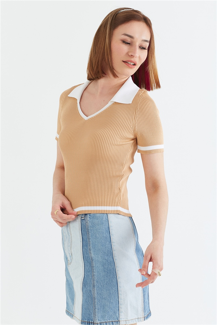 Avrile Polo Yaka Kısa Kollu Kazak  CAMEL-BEYAZ  A92055-S