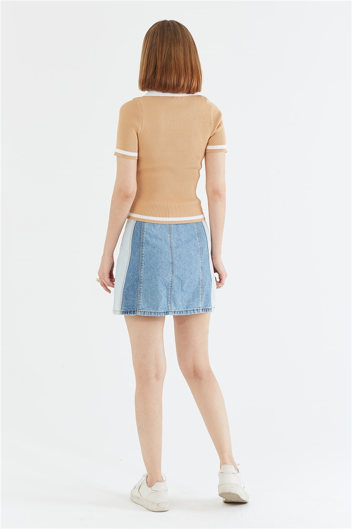 Avrile Polo Yaka Kısa Kollu Kazak  CAMEL-BEYAZ  A92055-S