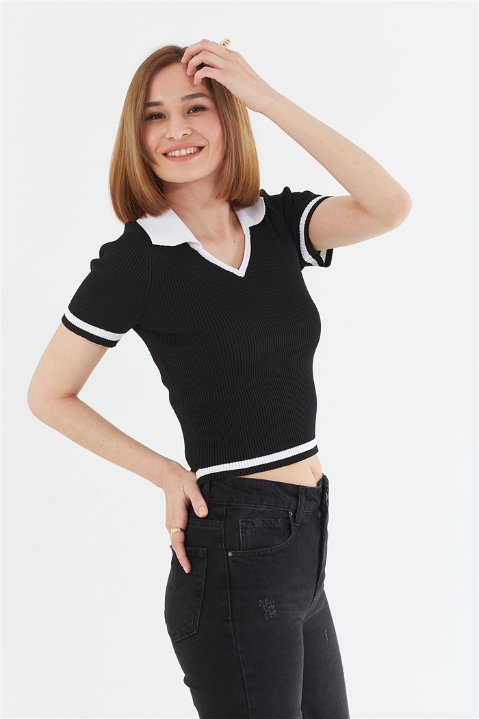 Avrile Polo Yaka Kısa Kollu Kazak  SİYAH-BEYAZ  A92055-S