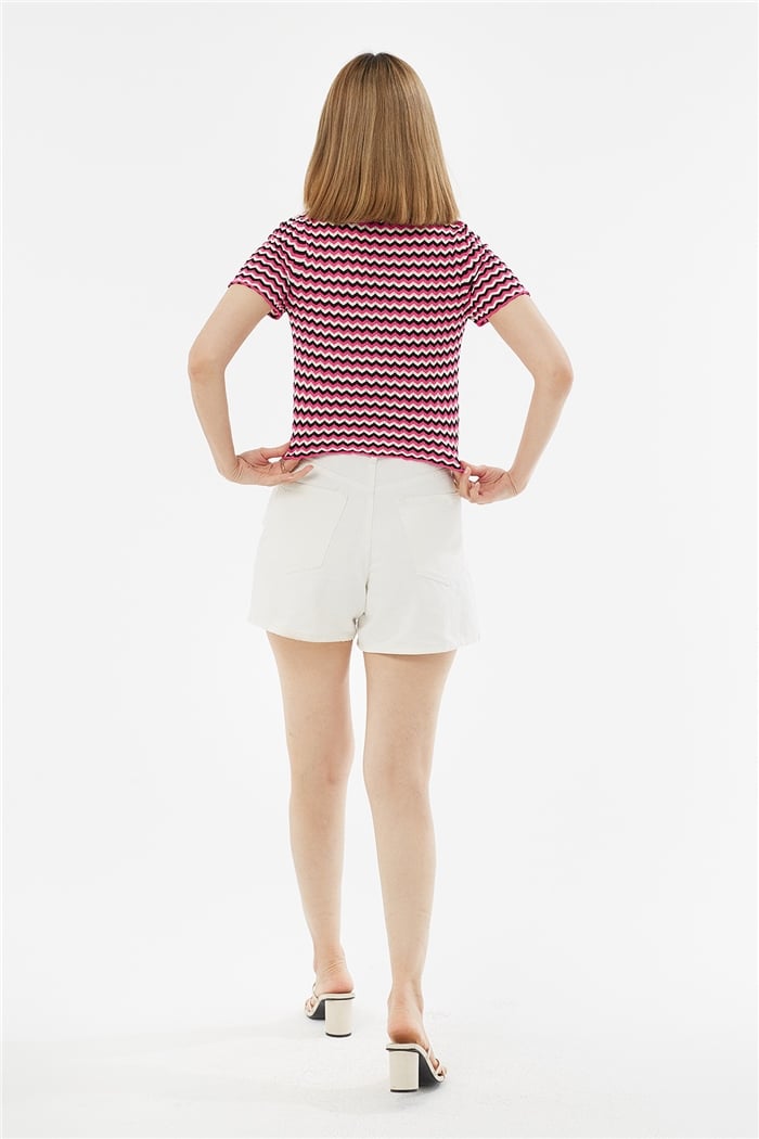 Avrile Polo Yaka Zigzag Desenli Kazak  FUŞYA-SİYAH  A92102-S