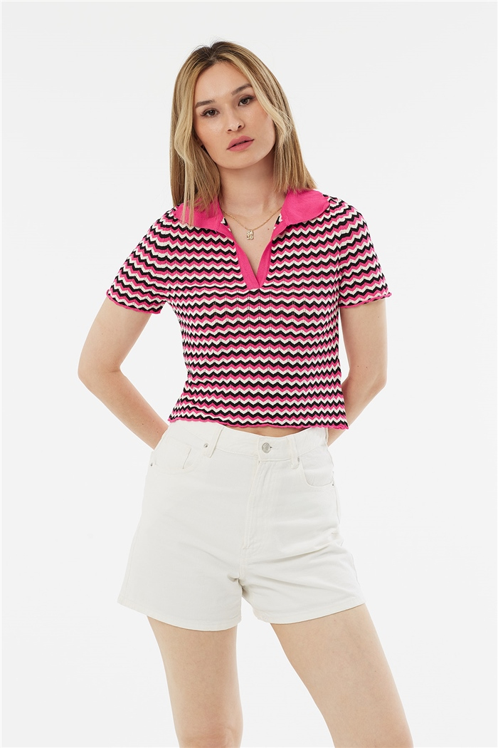 Avrile Polo Yaka Zigzag Desenli Kazak  FUŞYA-SİYAH  A92102-S