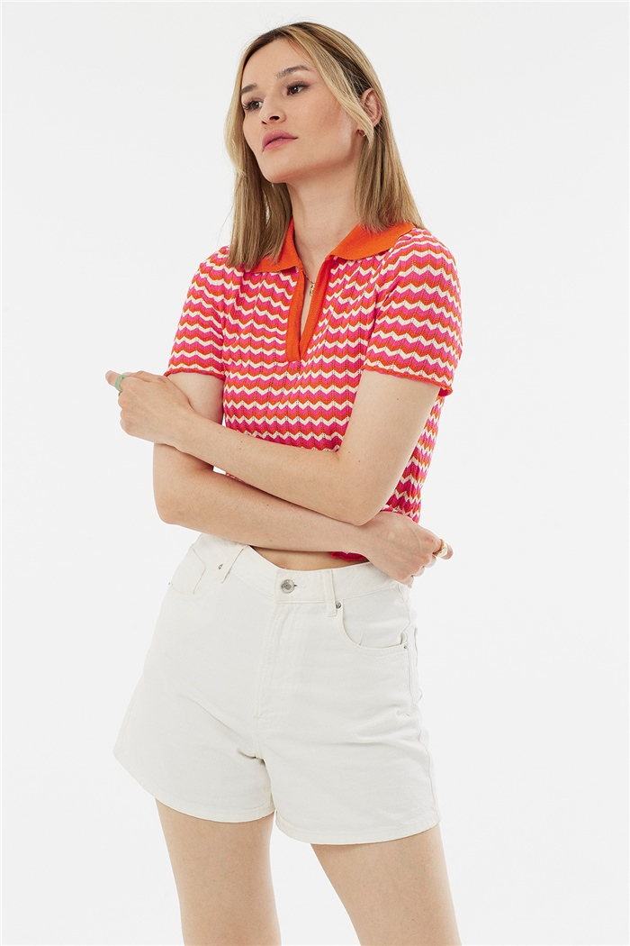 Avrile Polo Yaka Zigzag Desenli Kazak  ORANJ-FUŞYA  A92102-S