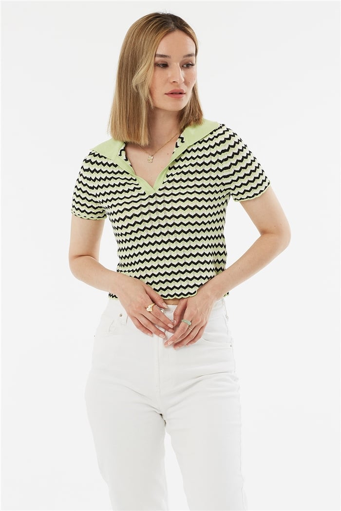 Avrile Polo Yaka Zigzag Desenli Kazak  FISTIK YEŞİLİ-SİYAH  A92102-S