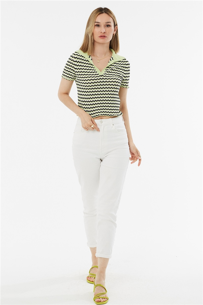 Avrile Polo Yaka Zigzag Desenli Kazak  FISTIK YEŞİLİ-SİYAH  A92102-S