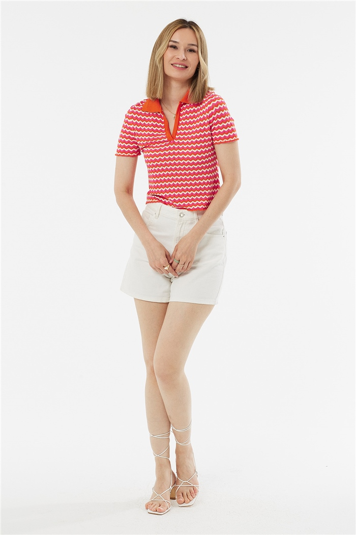 Avrile Polo Yaka Zigzag Desenli Kazak  ORANJ-FUŞYA  A92102-S