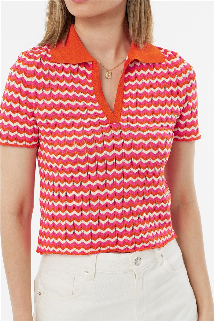 Avrile Polo Yaka Zigzag Desenli Kazak  ORANJ-FUŞYA  A92102-S