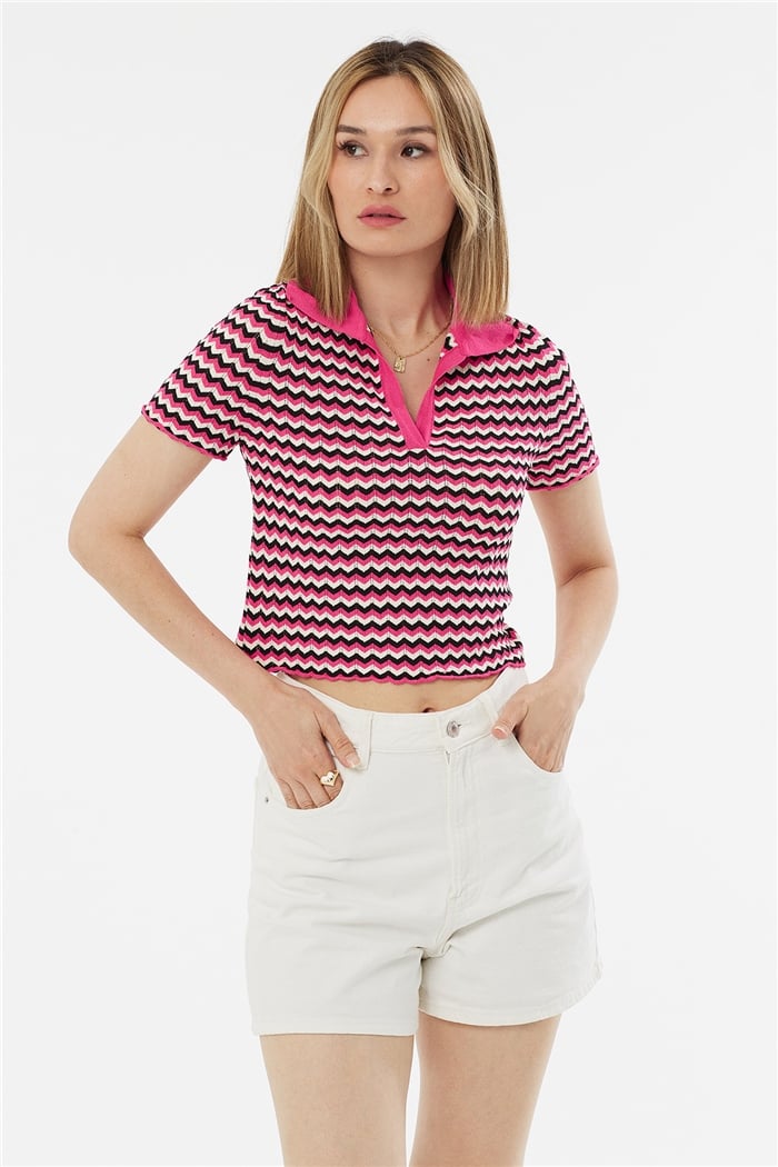 Avrile Polo Yaka Zigzag Desenli Kazak  FUŞYA-SİYAH  A92102-S
