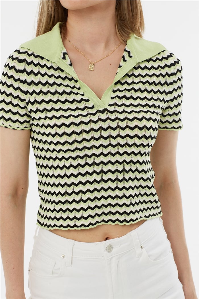 Avrile Polo Yaka Zigzag Desenli Kazak  FISTIK YEŞİLİ-SİYAH  A92102-S