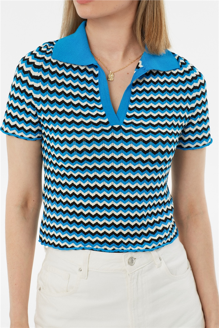Avrile Polo Yaka Zigzag Desenli Kazak  TURKUAZ-SİYAH  A92102-S