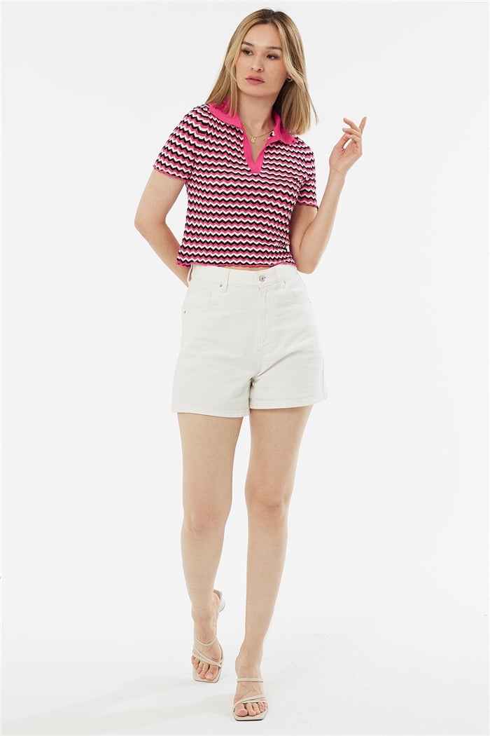 Avrile Polo Yaka Zigzag Desenli Kazak  FUŞYA-SİYAH  A92102-S