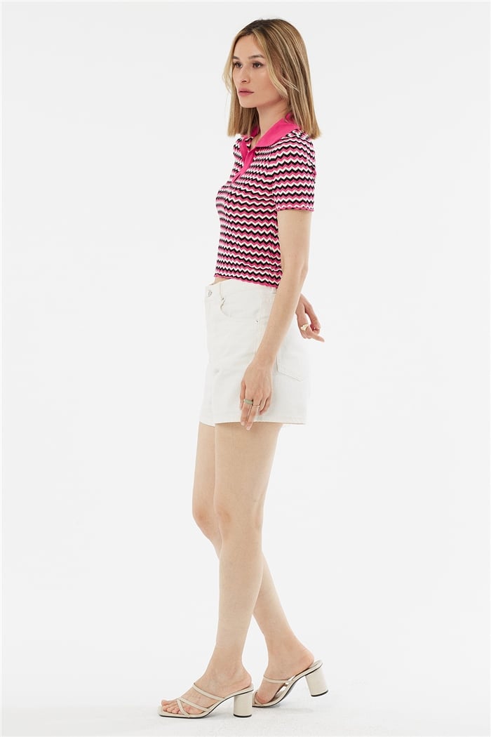 Avrile Polo Yaka Zigzag Desenli Kazak  FUŞYA-SİYAH  A92102-S