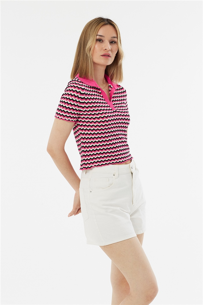 Avrile Polo Yaka Zigzag Desenli Kazak  FUŞYA-SİYAH  A92102-S