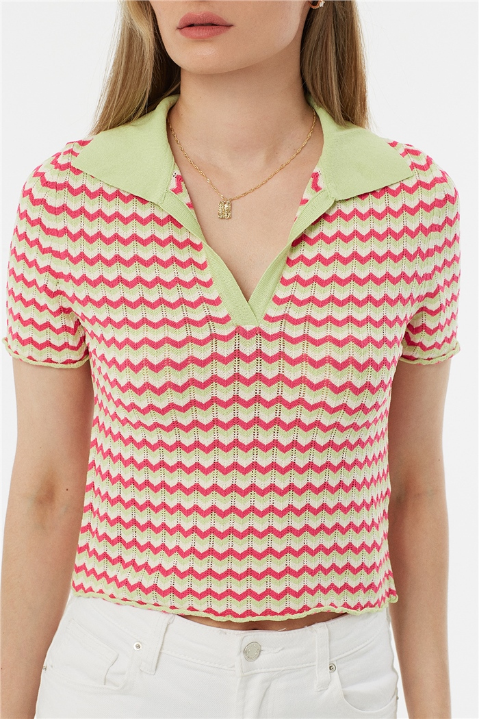 Avrile Polo Yaka Zigzag Desenli Kazak  FISTIK YEŞİLİ-FUŞYA  A92102-S