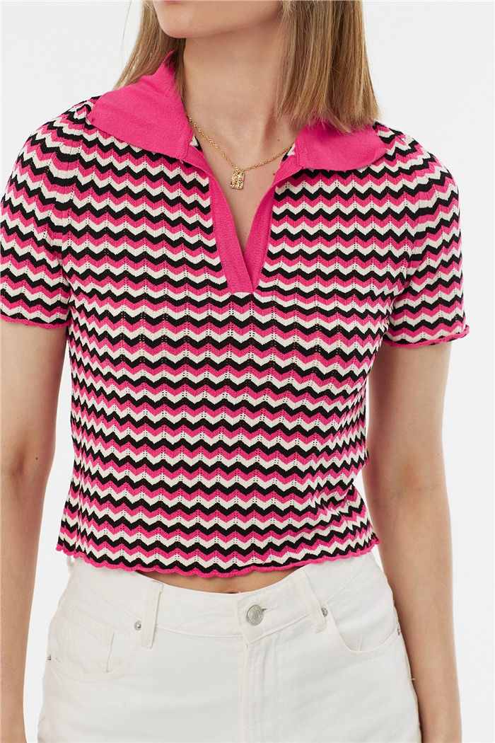 Avrile Polo Yaka Zigzag Desenli Kazak  FUŞYA-SİYAH  A92102-S