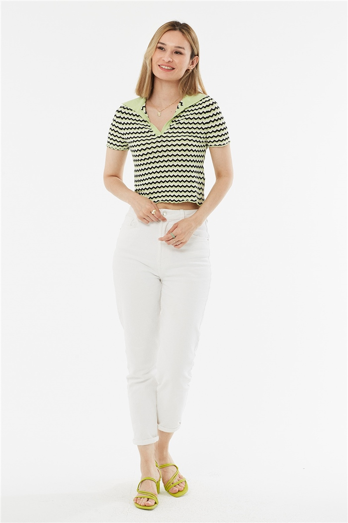 Avrile Polo Yaka Zigzag Desenli Kazak  FISTIK YEŞİLİ-SİYAH  A92102-S