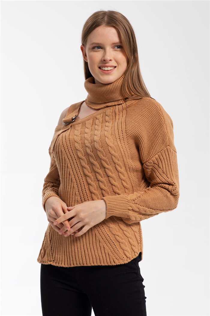 Avrile Saç Örgülü Tek Omuz Balıkçı Triko Kazak  CAMEL  A90919-S