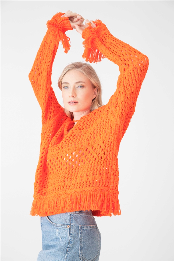Avrile Saçaklı Triko Kazak  NEON ORANJ  A92201-S