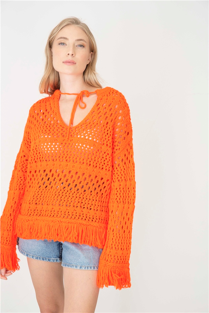 Avrile Saçaklı Triko Kazak  NEON ORANJ  A92201-S