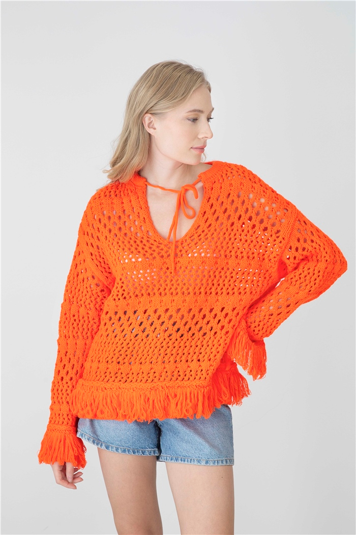 Avrile Saçaklı Triko Kazak  NEON ORANJ  A92201-S