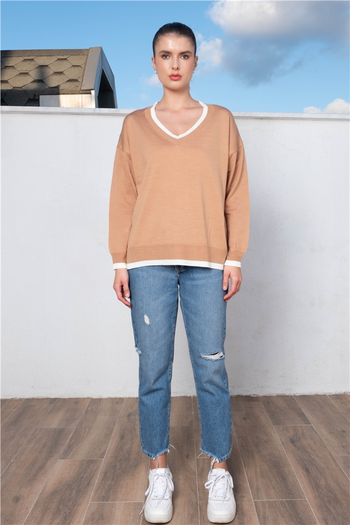 Avrile V Yaka Çizgi Detaylı Triko Kazak  CAMEL-EKRU  A92218-S