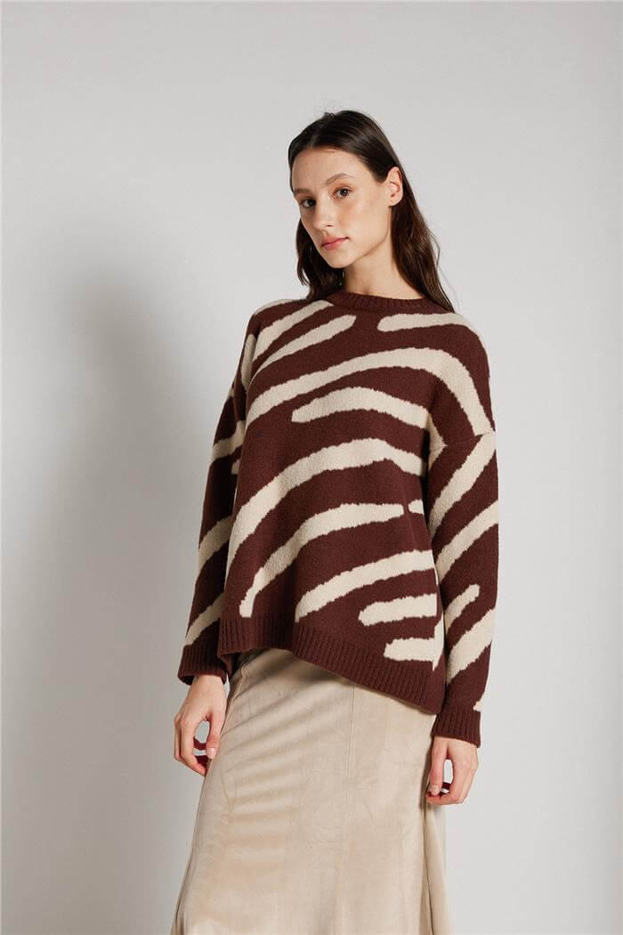 Avrile  ZEBRA DESEN TRİKO KAZAK KAHVE-BEJ A92602-S