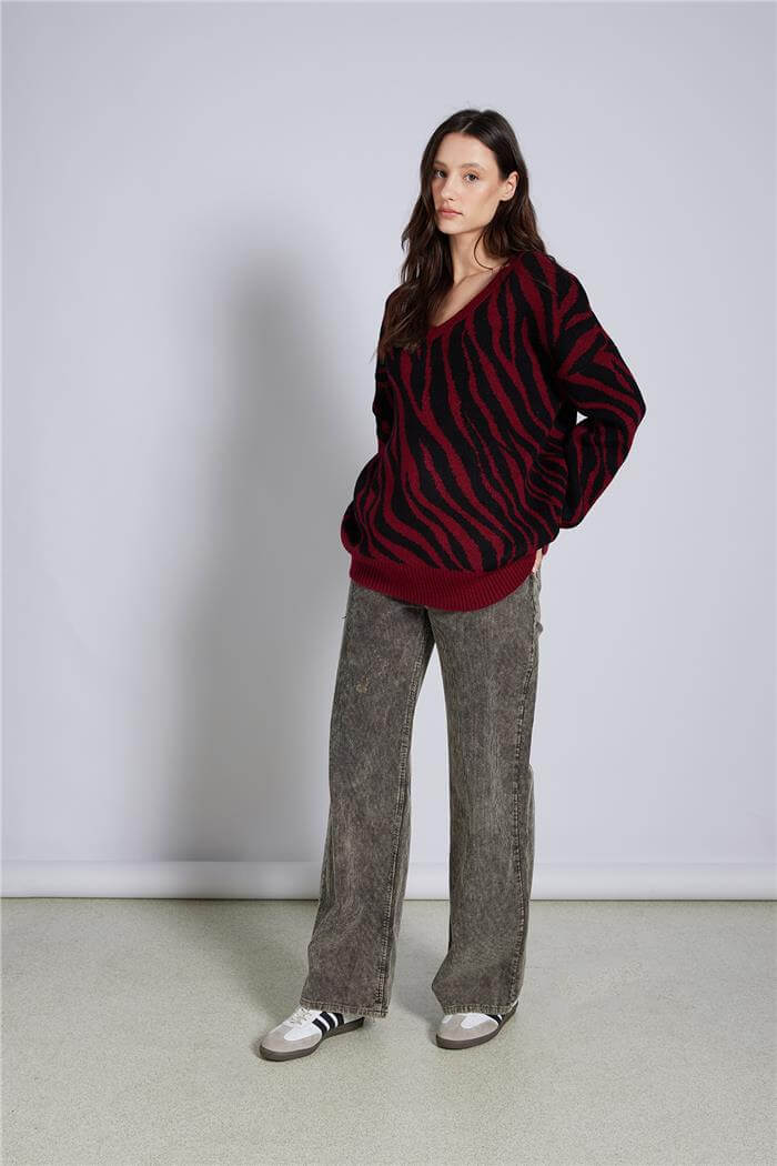 Avrile  Zebra Desen V Yaka Triko Kazak BORDO-SİYAH A92611-S