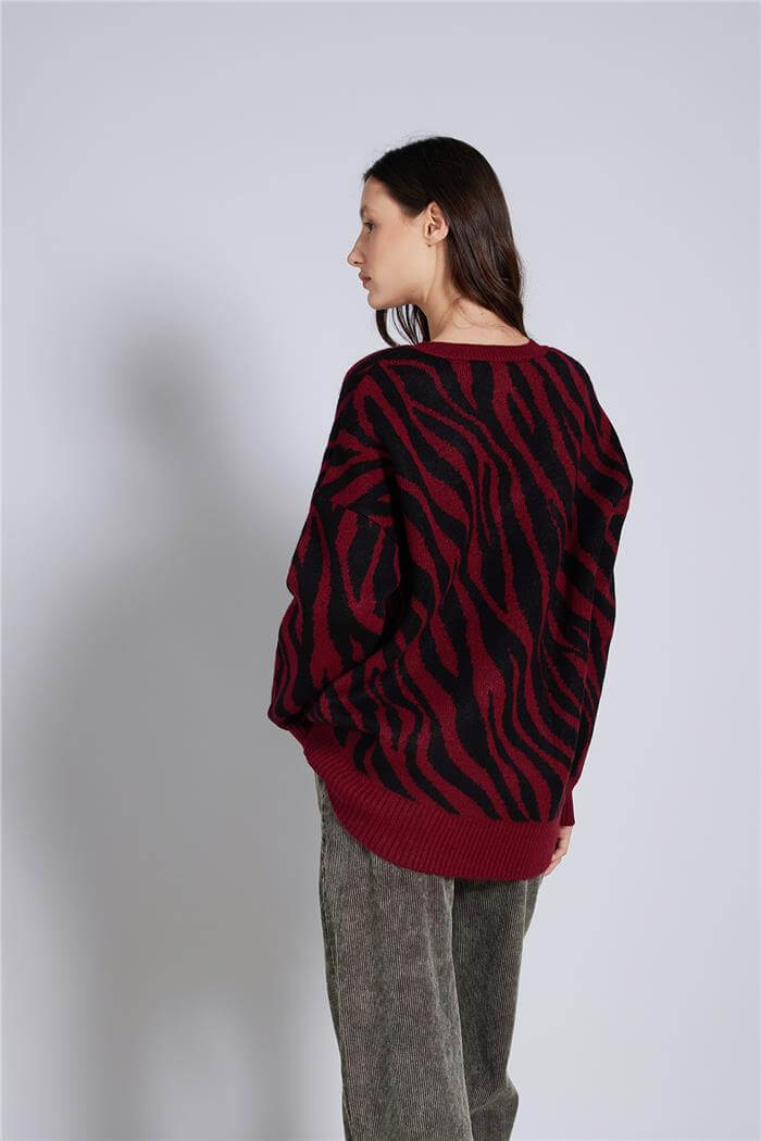 Avrile  Zebra Desen V Yaka Triko Kazak BORDO-SİYAH A92611-S